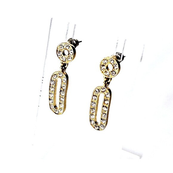 VTG Dangle Earrings Rectangle Gold Tone Crystal Post Studs Rounded Corners EUC! - Picture 4 of 8
